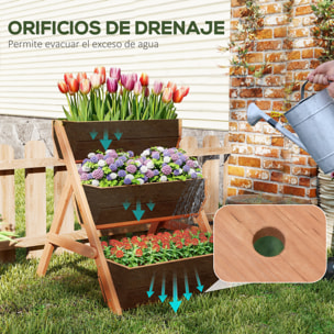 Jardinera de Madera de 3 Niveles, Jardinera Elevada Exterior con Orificios de Drenaje, Macetero para Cultivos de Plantas, Flores, para Terraza, Jardín, 65x75x76 cm, Marrón