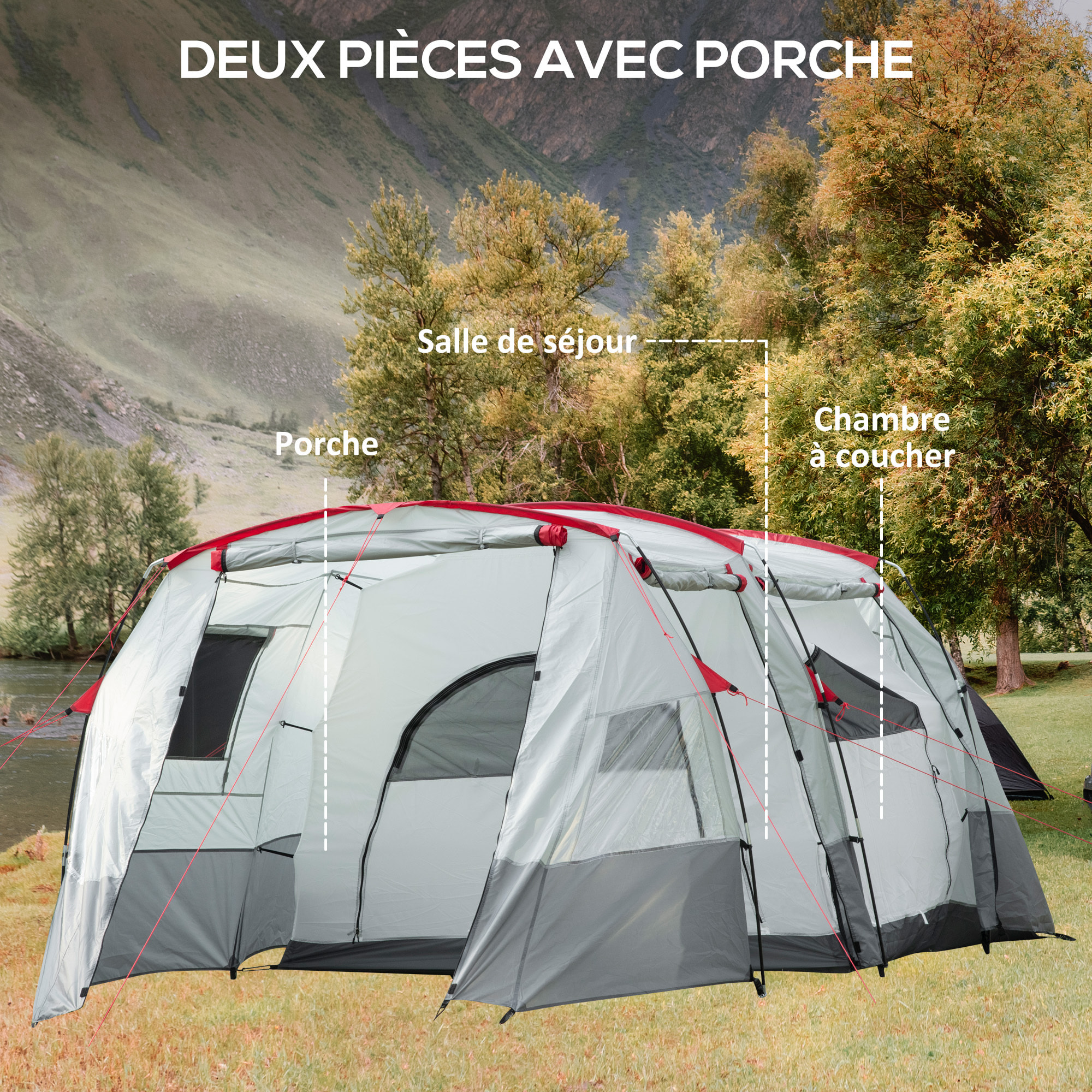 Tente de camping familiale 6-8 personnes - portes, fenêtres, sac de transport - dim. 5,1 x 2,4 x 1,8 cm - gris clair