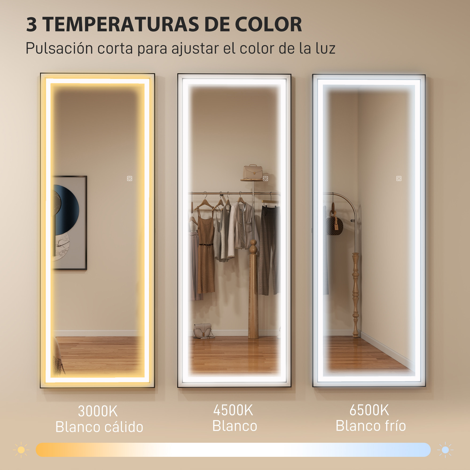 Espejo de Pie Cuerpo Entero con Luces, 165x60 cm, Espejo de Cuerpo Entero, 3 Temperaturas de Color, Brillo Ajustable, Independiente, Apoyado y de Pared, para Dormitorio, Salón, Blanco y Negro