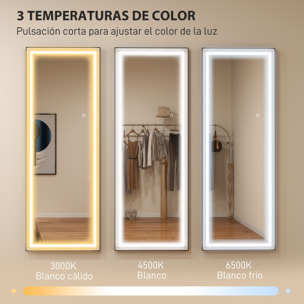 Espejo de Pie Cuerpo Entero con Luces, 165x60 cm, Espejo de Cuerpo Entero, 3 Temperaturas de Color, Brillo Ajustable, Independiente, Apoyado y de Pared, para Dormitorio, Salón, Blanco y Negro