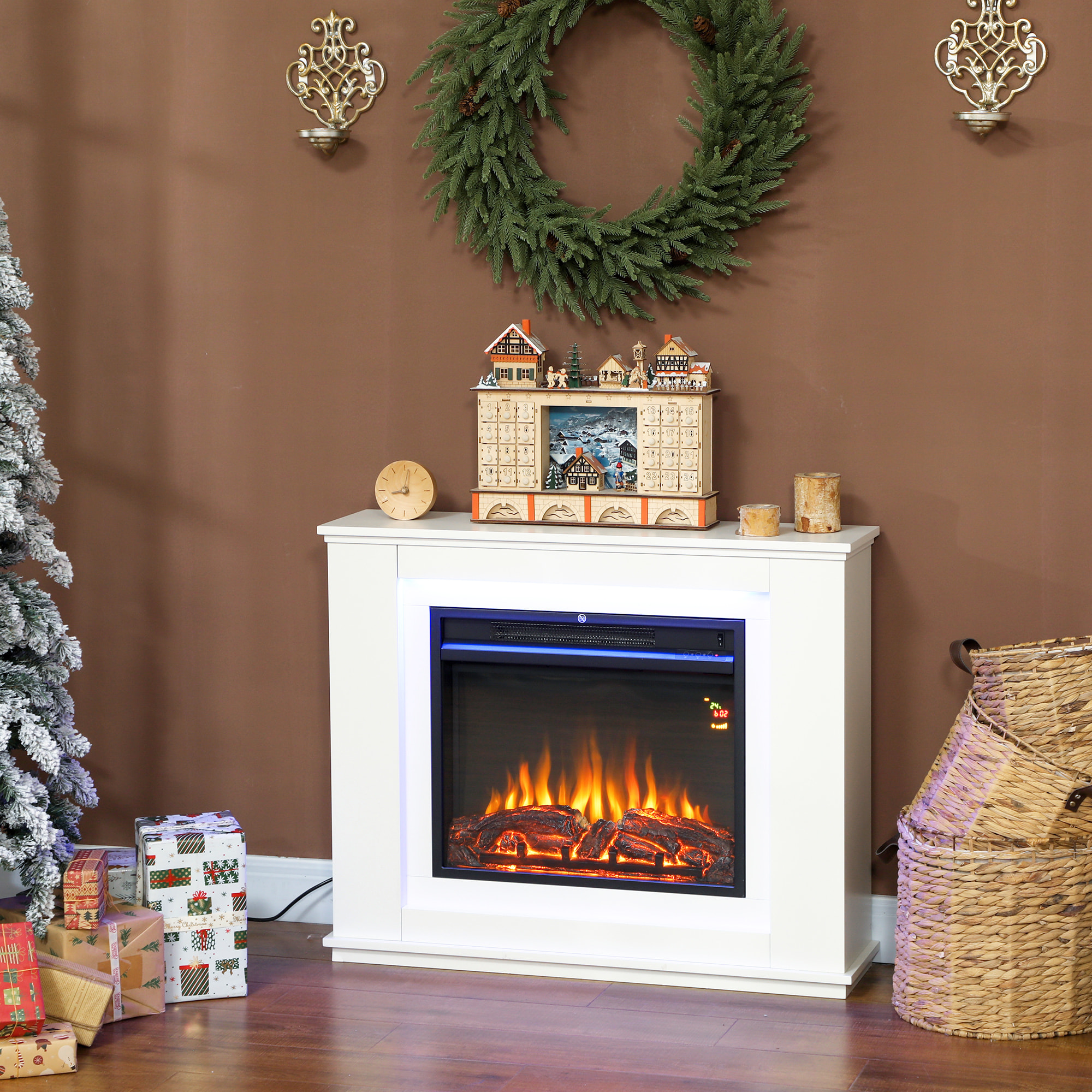 Cheminée électrique design LED multicolore grande taille 98 x 25 x 80 cm 2000W télécommande blanc