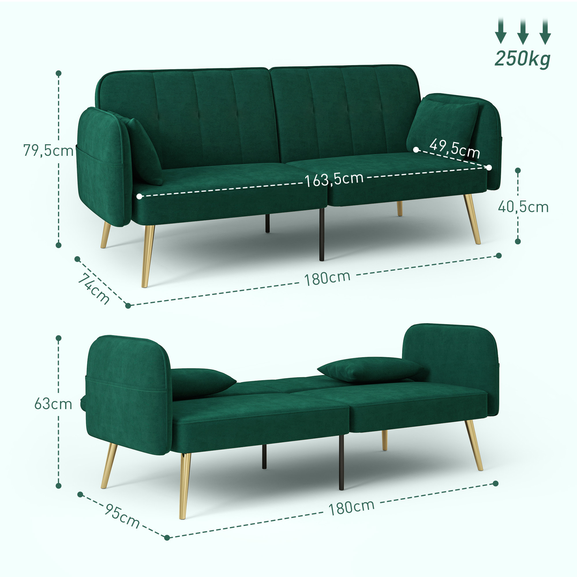 Canapé convertible 2 places style Art déco 2 coussins inclus piètement effilé métal doré velours vert emeraude