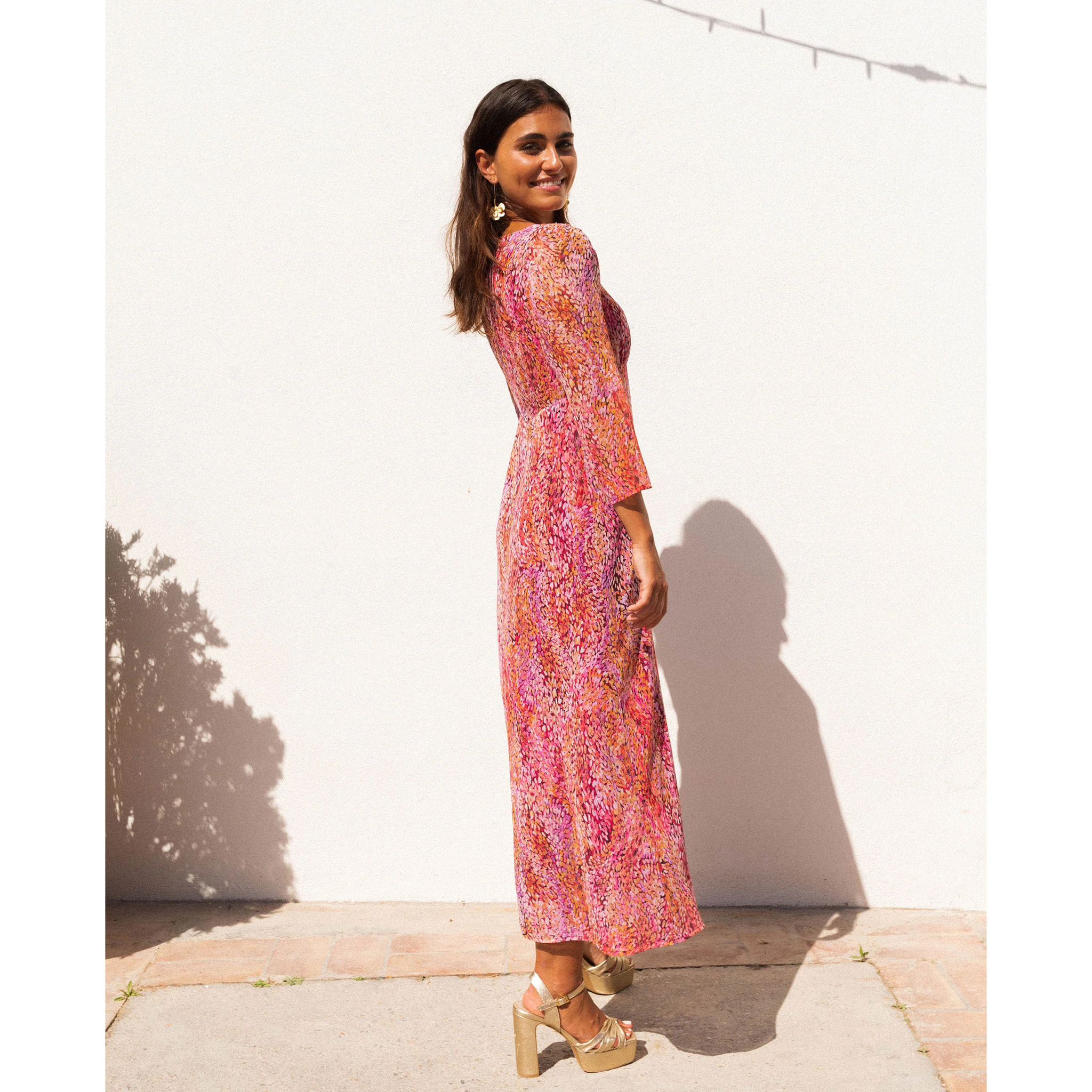 Vestido midi estampado con manga larga