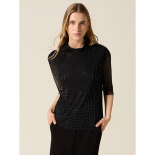 Oltre - T-shirt in tulle con cristalli neri - Nero