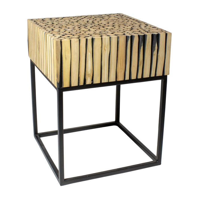 MEUBLE D'APPOINT EN BRANCHE DE TECK PIED MÉTAL NOIR 40X40CM TAHAA