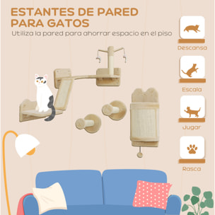 Juego de Estanterías para Gatos de 4 Piezas Rascador de Pared para Gatos con Postes de Sisal Plataforma para Saltar Bola de Juguete Beige