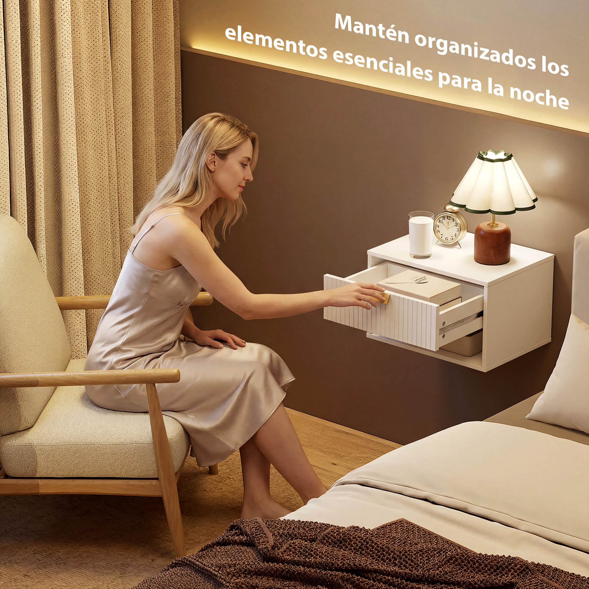 Juego de 2 Mesitas de Noche Flotantes, Mesillas de Noche con Cajón con Frente Ondulado y Estante Abierto, Diseño Moderno, 40x30x25 cm, Blanco