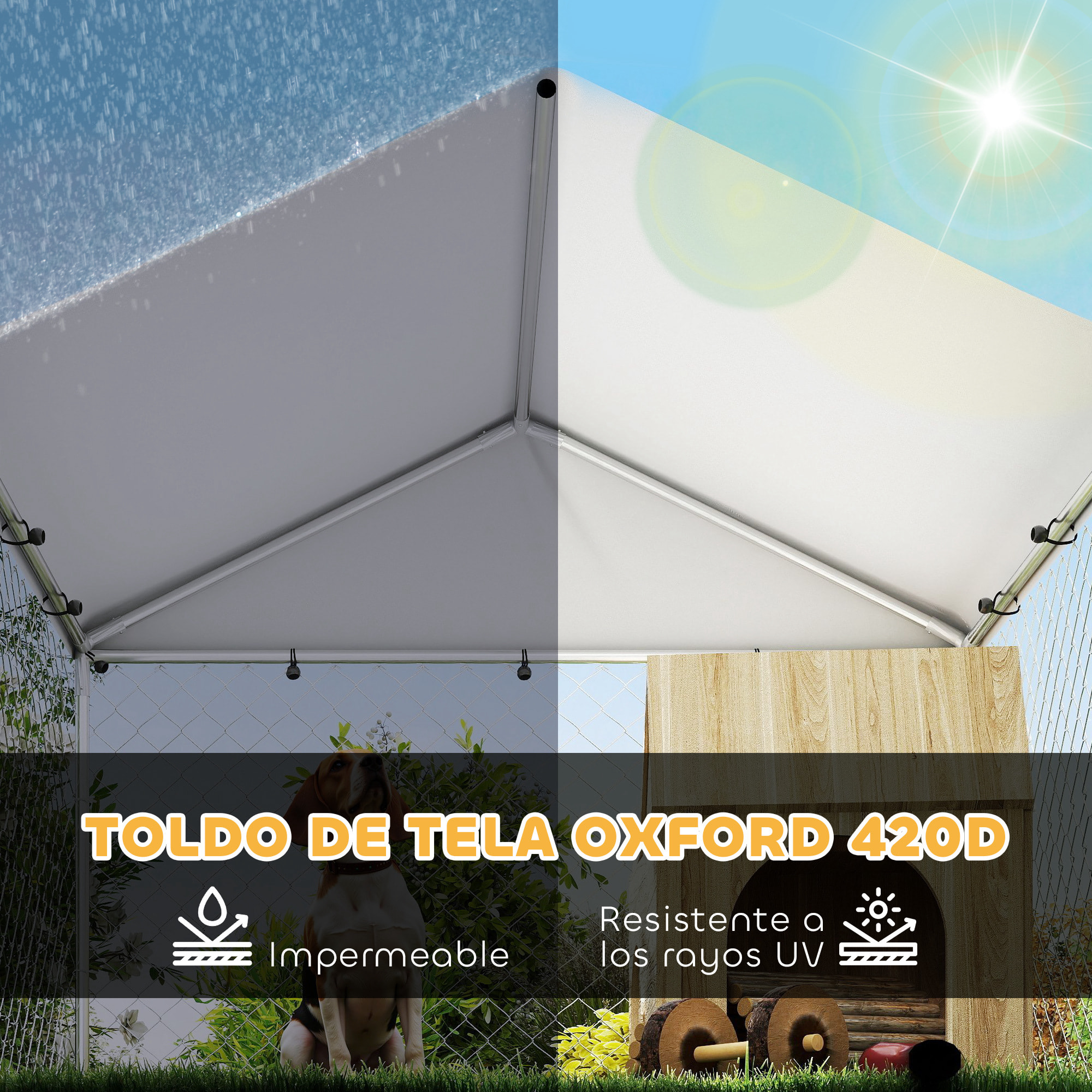 Perrera de Exterior con Techo 2x2x1,55 m Jaula para Perros de Acero Galvanizado con Techo Impermeable Soporte para Comida Giratorio y Ajustable 2 Cuencos para Perros Medianos y Pequeños