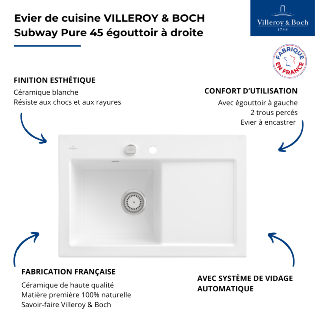 Evier 1 bac avec egouttoir a droite Subway Pure 45 78 x 51 cm Blanc vidage automatique inclus