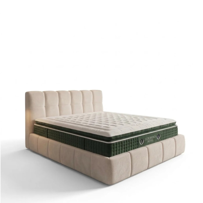 Ensemble matelas Jade & lit coffre Aneto | Mémoire de forme et ressorts ensachés | Grande capacité de stockage | tissu Chenille | Beige