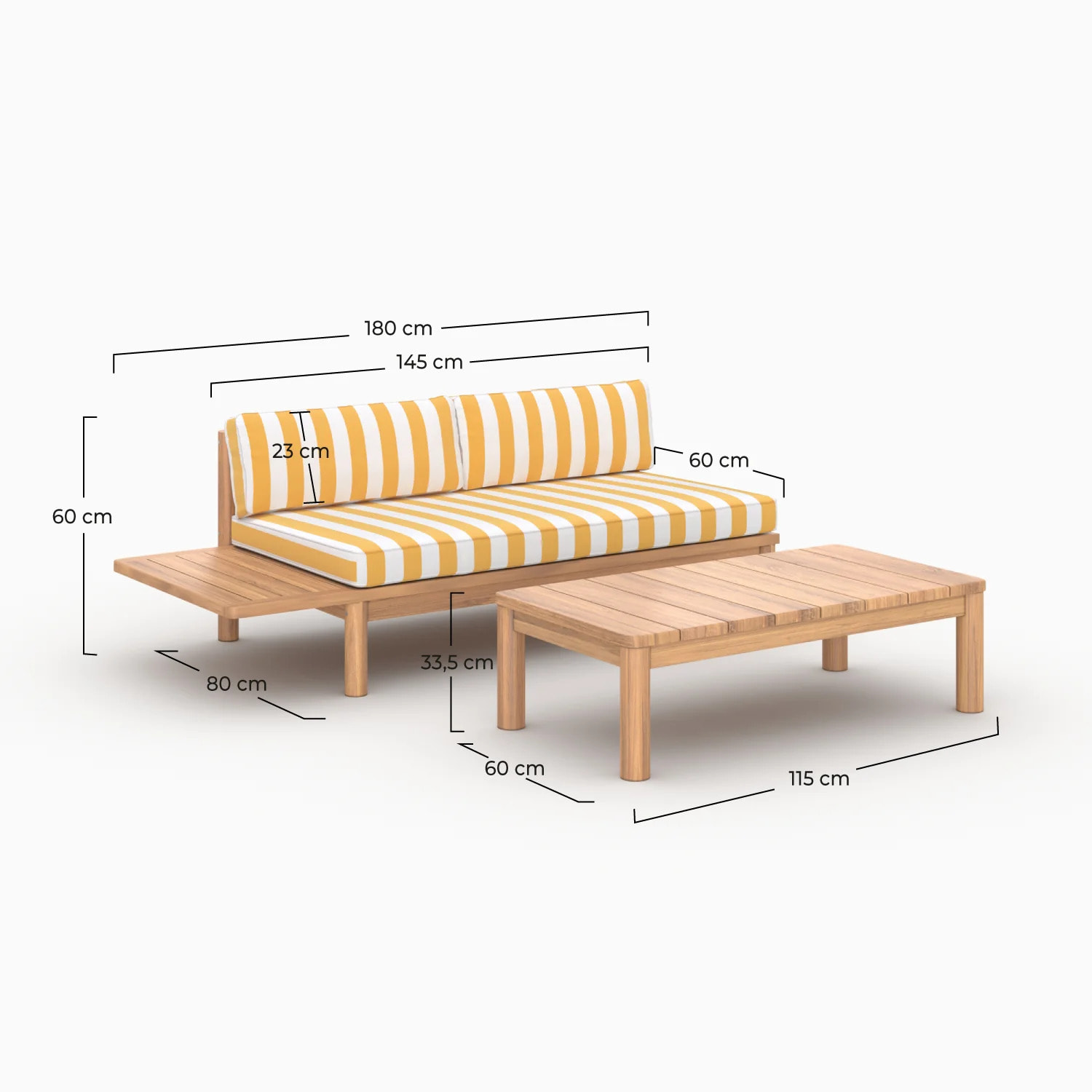 Salon de jardin 2 personnes en teck massif et tissu rayé jaune - Nadila
