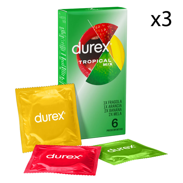 3x Preservativi Durex Tropical Mix Aromatizzati alla Frutta - 18 Profilattici