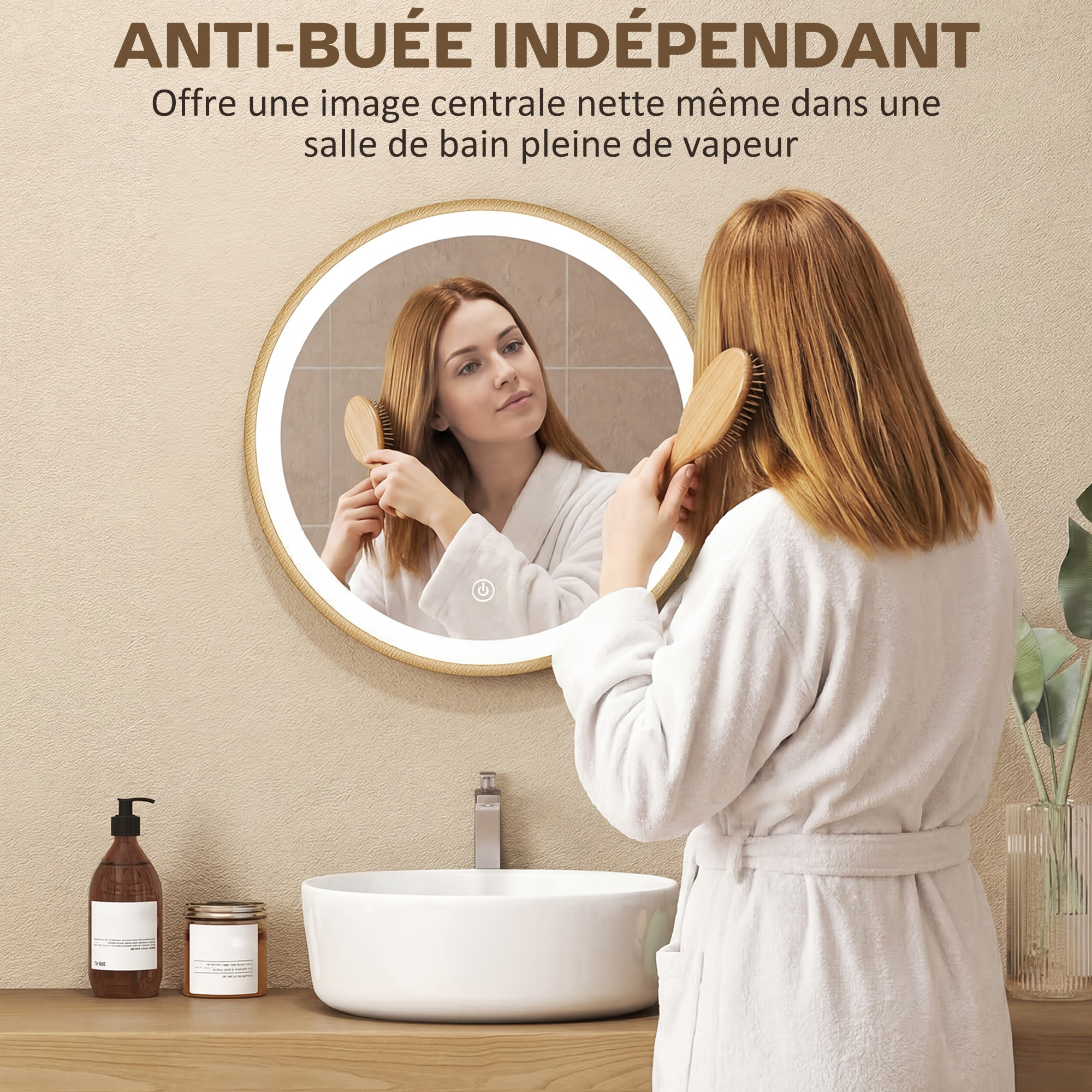 Miroir salle de bain avec éclairage LED rond verre doré