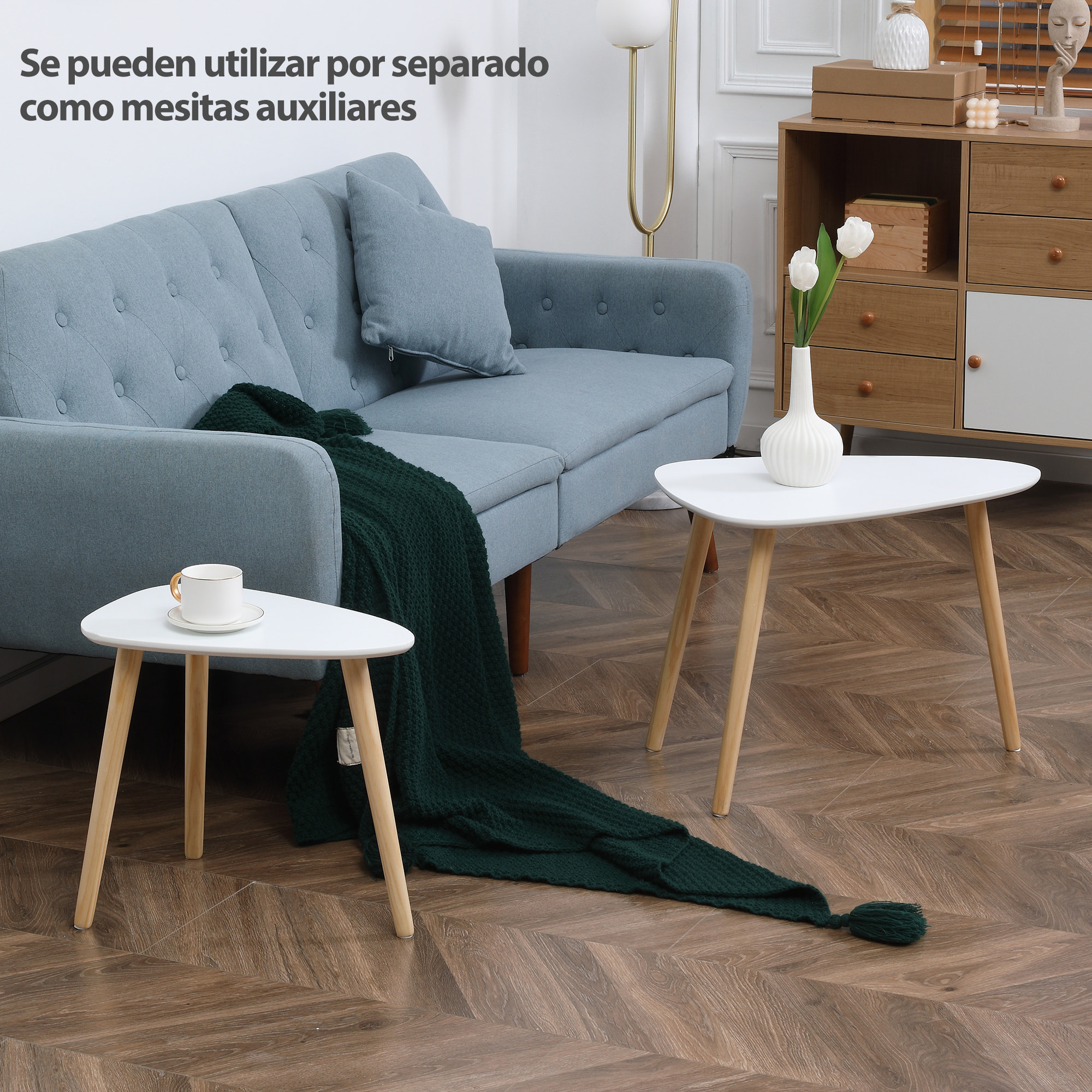 Juego de 2 Mesas Auxiliares con Patas de Madera Mesas Nido Mesas de Café para Salón Dormitorio Oficina 59,5x39,5x45 cm y 44,5x28,5x40 cm Blanco