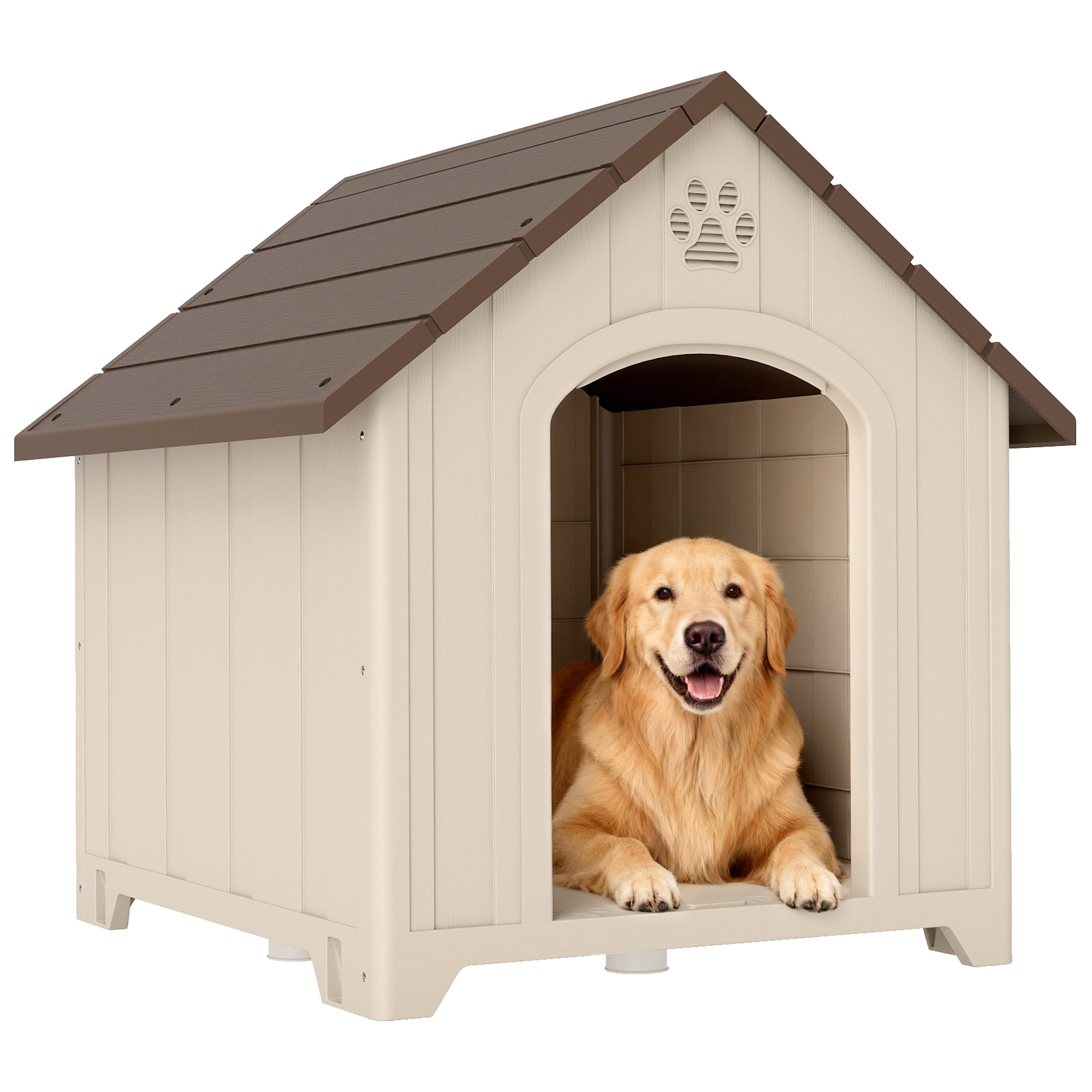 Caseta para Perros Exterior, Casa para Perros Grandes de Plástico Impermeable con 2 Ventanas, Base Elevada, Estacas, Fácil de Montar, 88x79x89 cm, Beige