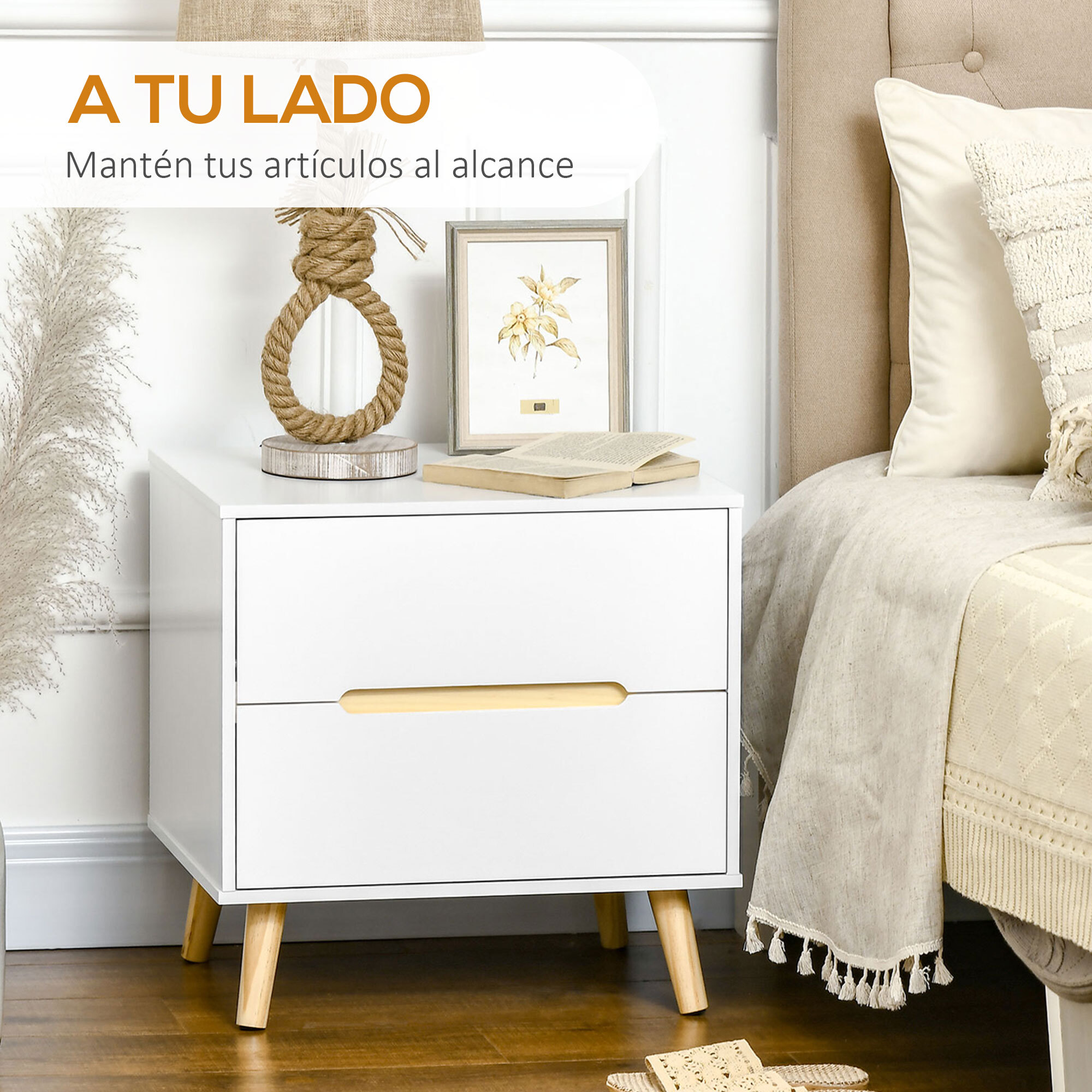 Mesita de Noche con 2 Cajones y Patas de Madera para Dormitorio 50x40x50,5 cm