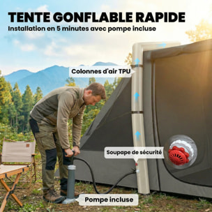 Tente gonflable camping 4 personnes 3 pièces auvent imperméabilité 3000mm gris