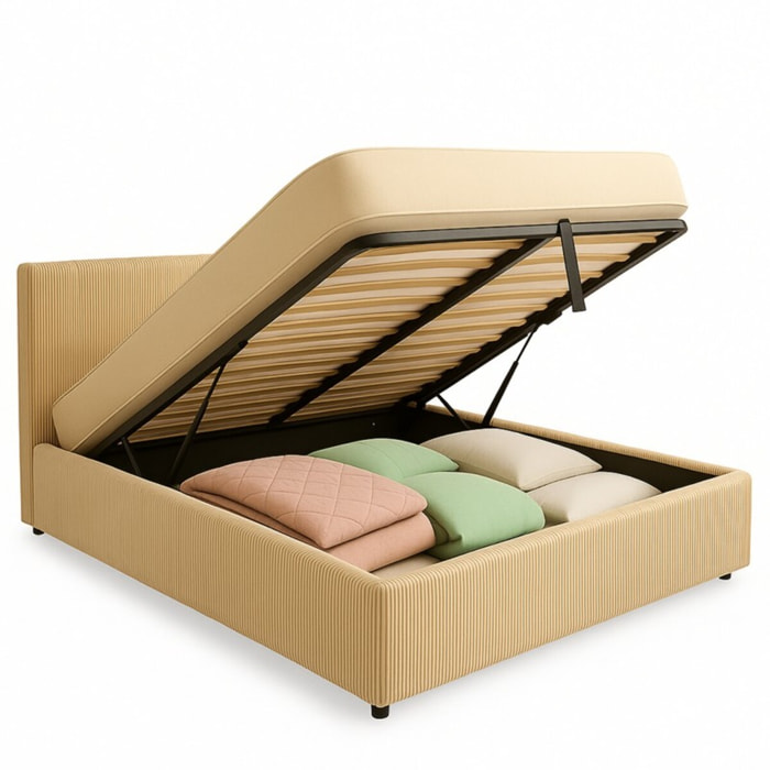 Lit coffre Colisée avec tête de lit | Robuste et confortable | Montage simple rapide | Velours Côtelé | beige