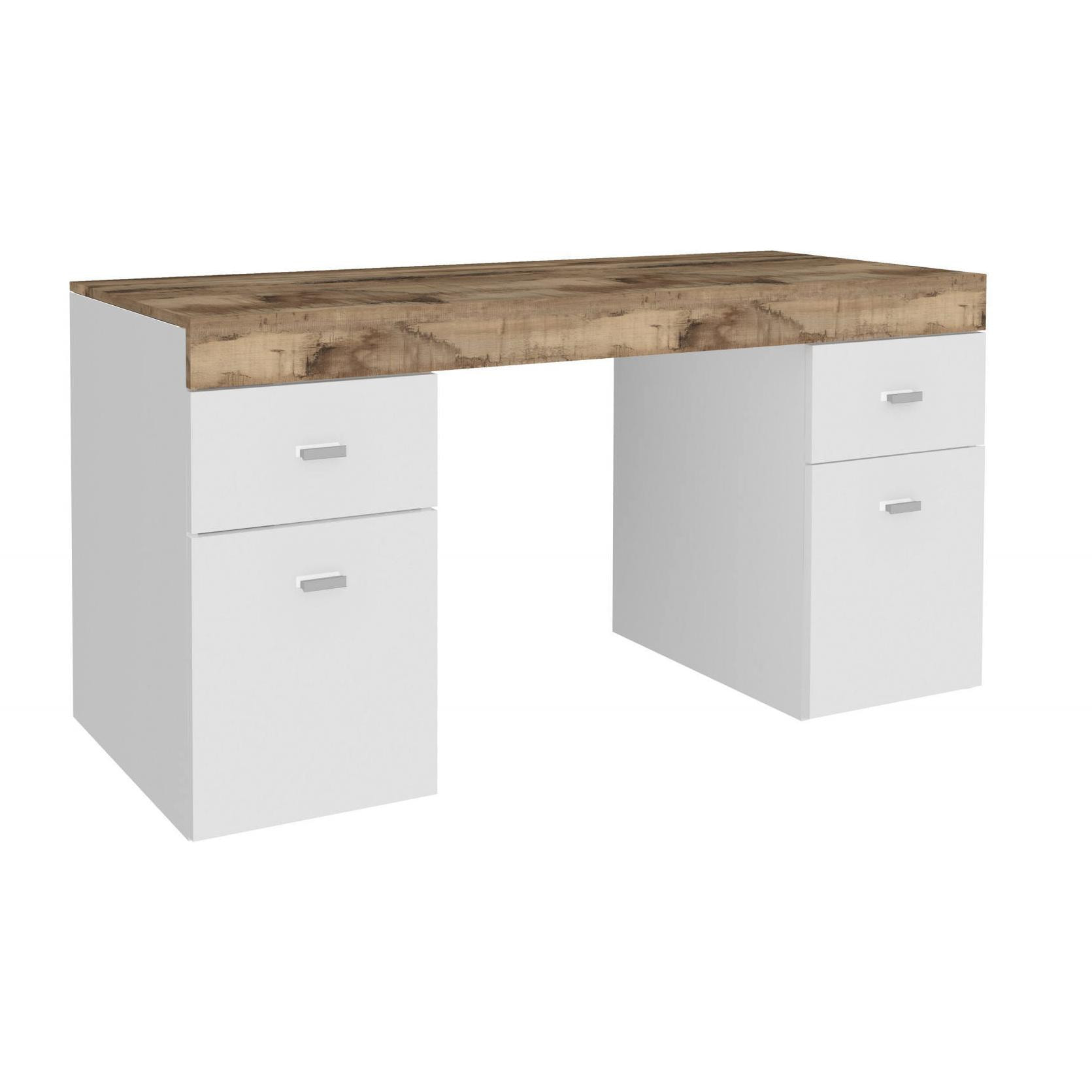 Scrivania per ufficio con cassettiera e piano contenitore, Made in Italy, Tavolo minimal, Scrittoio porta PC, cm 130x60h75, colore Bianco lucido e Acero