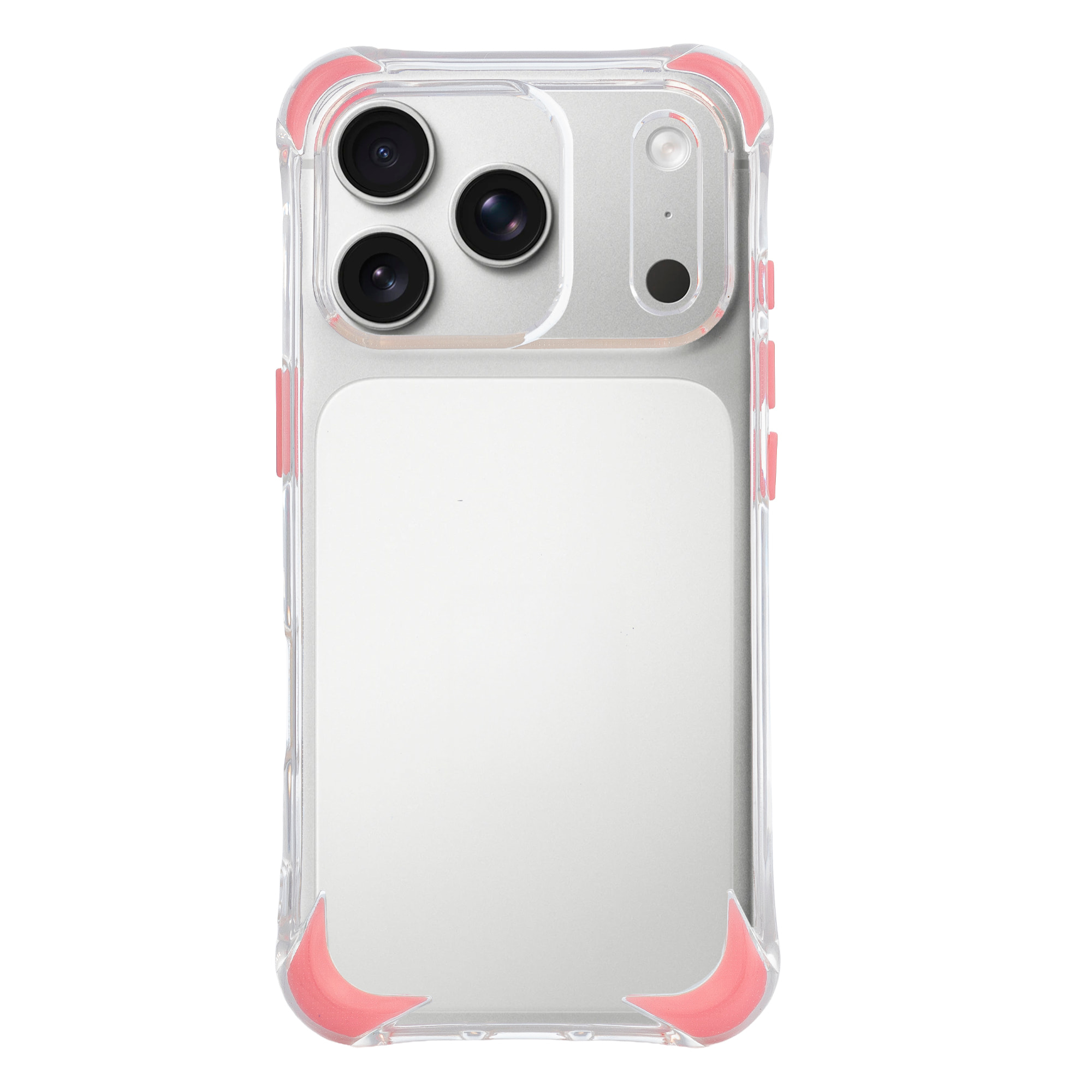 Custodia trasparente con rilievo protettivo per fotocamera, angoli rinforzati rosa, antiurto e anti-impronte Magsafe per iPhone 17 Pro.