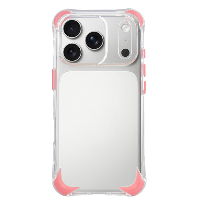 Custodia trasparente con rilievo protettivo per fotocamera, angoli rinforzati rosa, antiurto e anti-impronte Magsafe per iPhone 17 Pro.