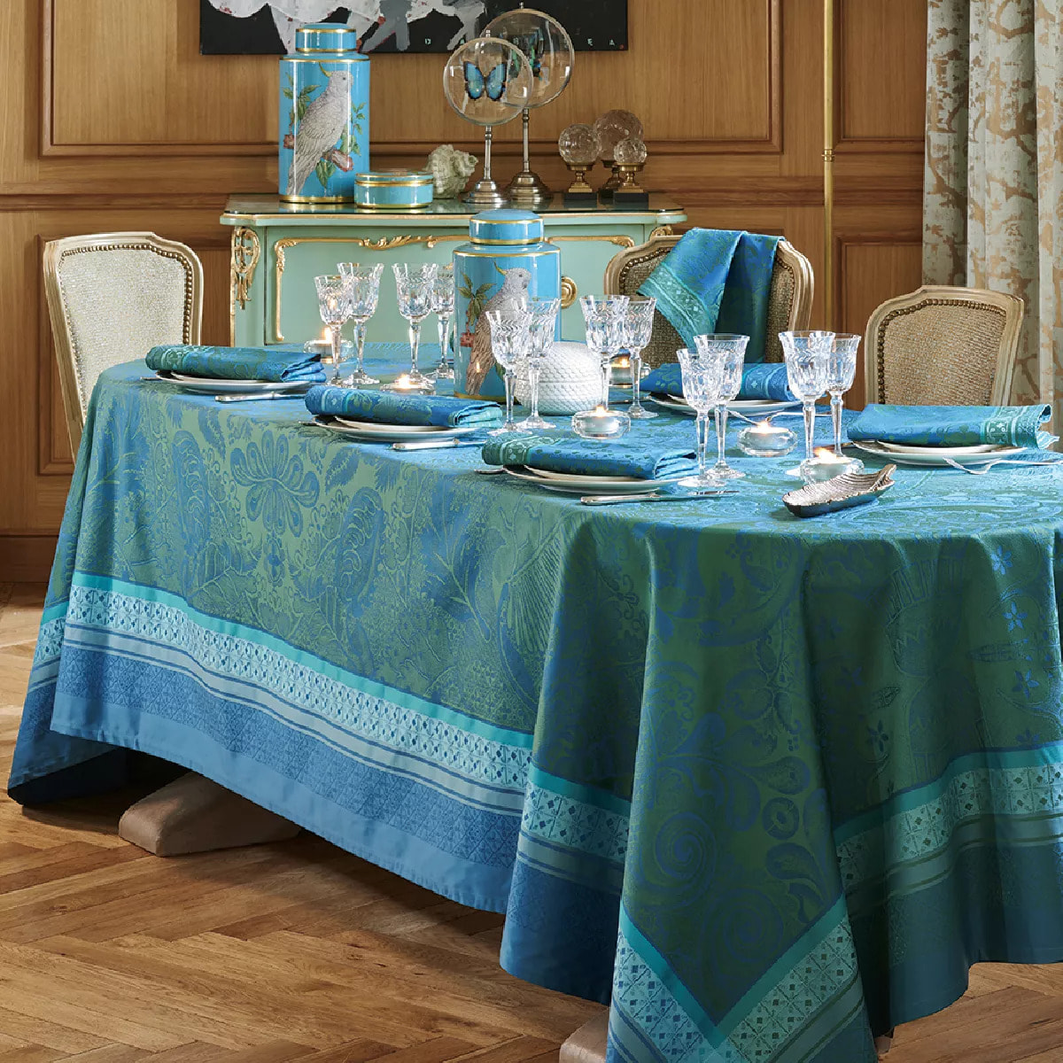 Nappe anti tache pur coton motif jacquard Isaphire emeraude
