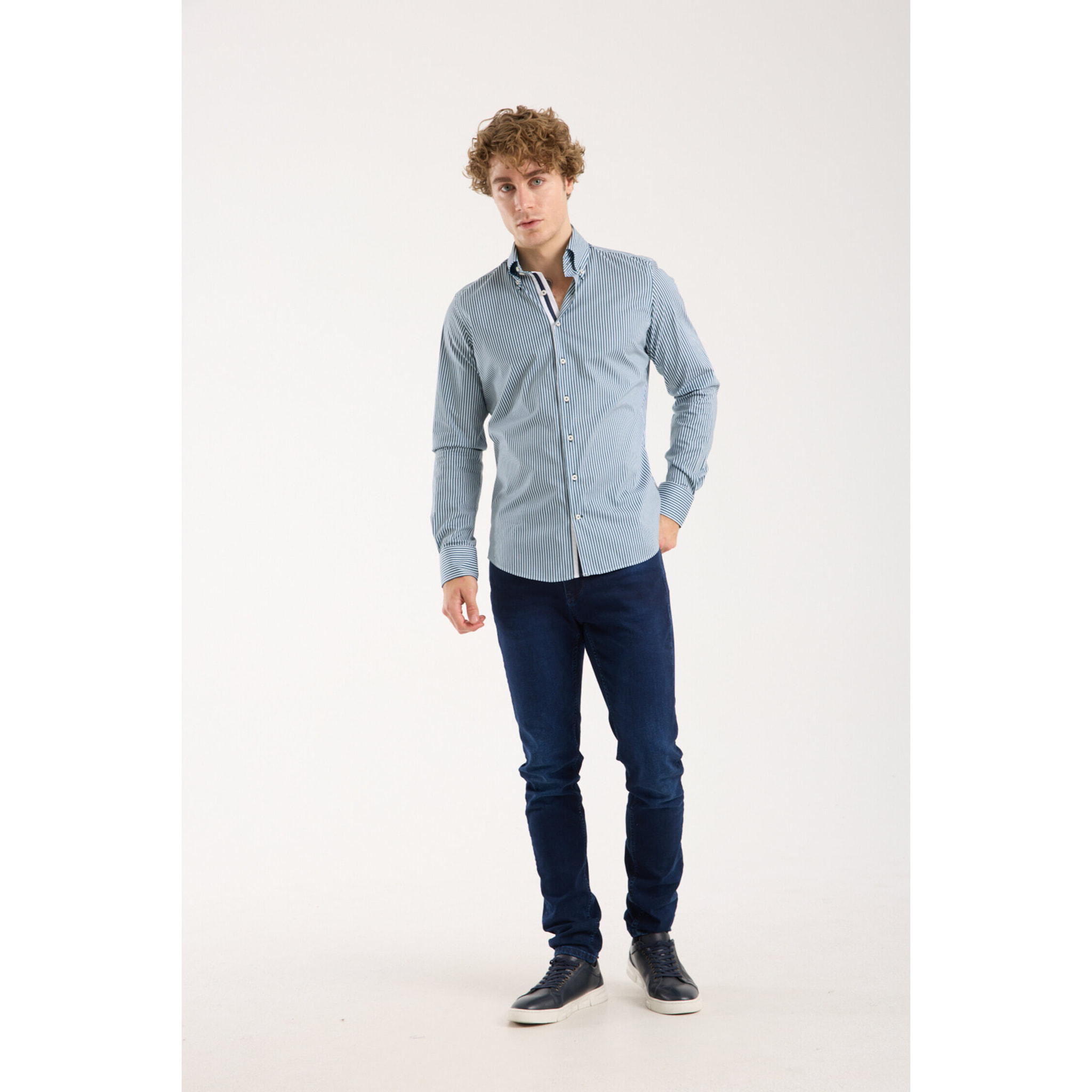 Camicia Uomo 2 Bottoni Button Down Slim Popeline Stretch Riga Media Bianco Verde Ottanio