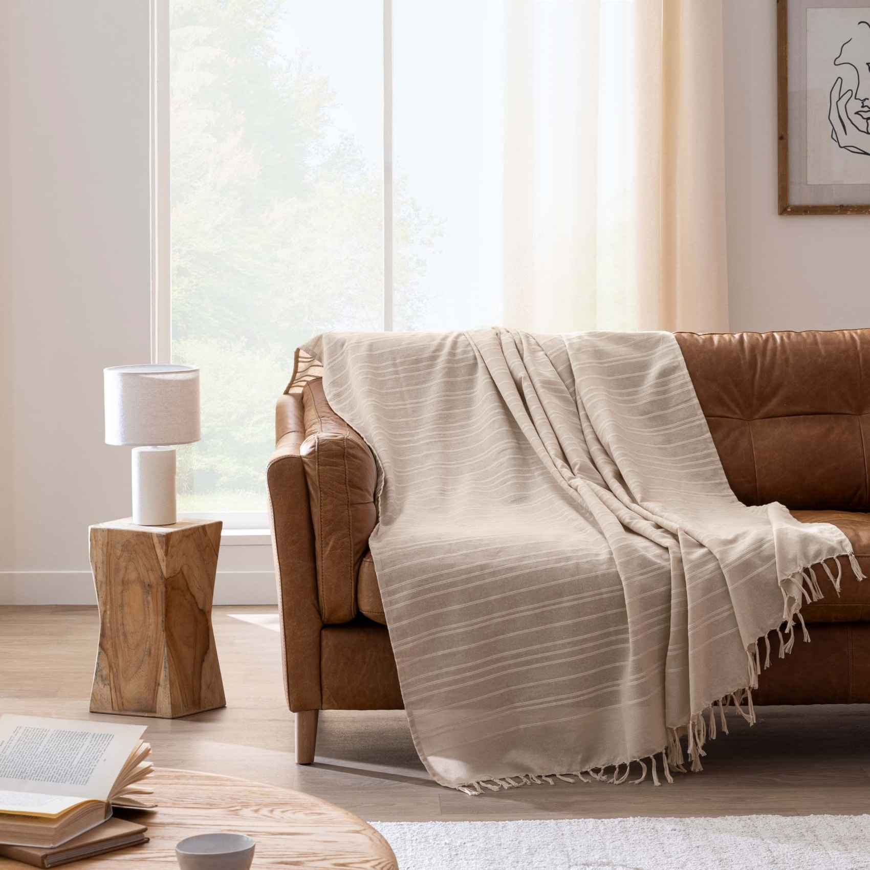 Plaid coton à franges grand format - Lin