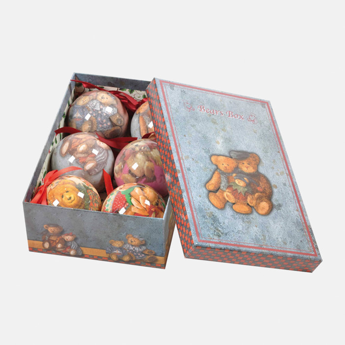 Box 6 sfere natalizie, Ornamenti fantasia orsetti, Set assortimento palline di Natale, Scatola set albero di Natale, Diametro 7,5 cm, multicolor