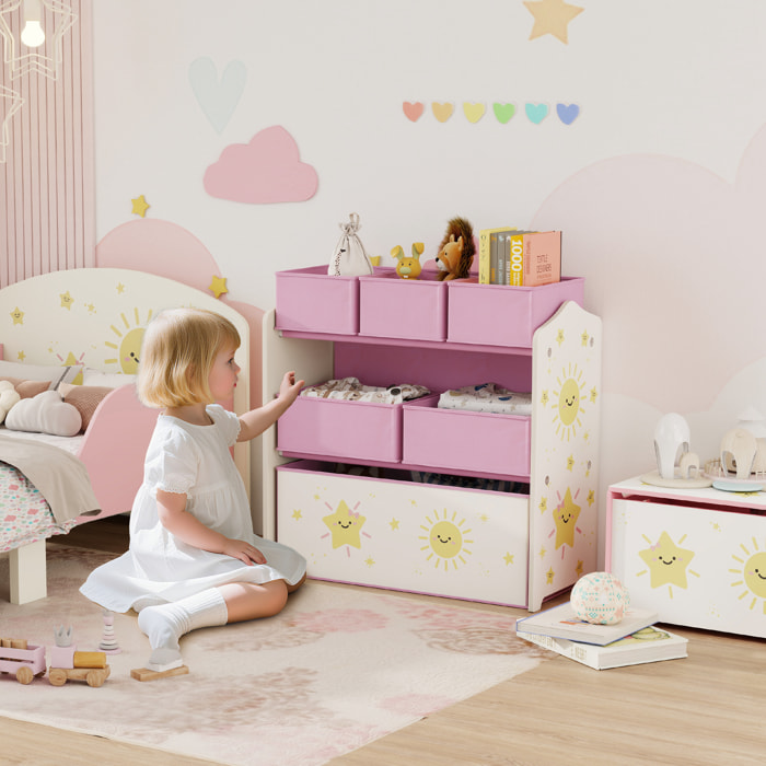Estantería Infantil para Juguetes, con 6 Cajas Extraíbles de Tela no Tejida, Organizador de Juguetes de 3 Niveles, para Habitación Infantil, Sala de Juegos, Guardería, 63x30x66 cm, Rosa