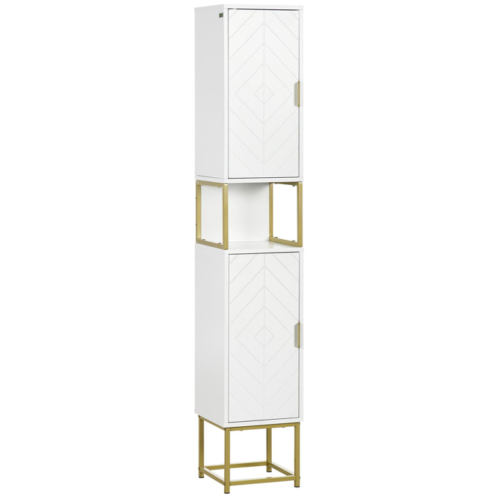 Meuble colonne rangement salle de bain design - 2 portes, 2 étagères, niche - acier doré MDF blanc