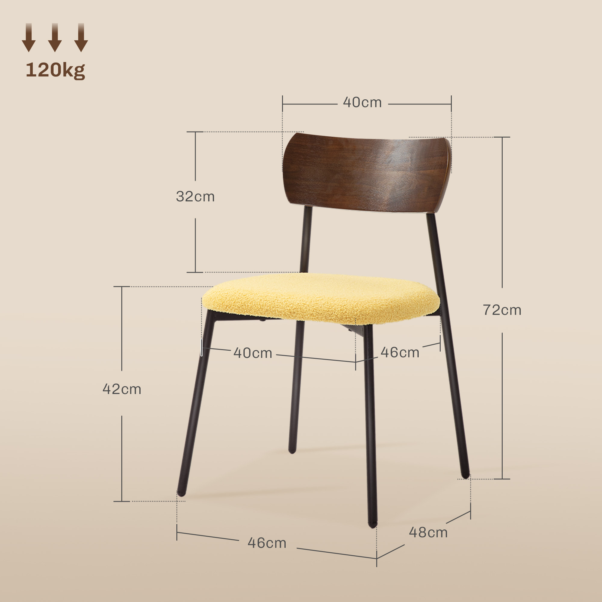 Lot de 2 chaises style vintage piètement structure métal noir dossier aspect bois assise effet laine bouclée jaune