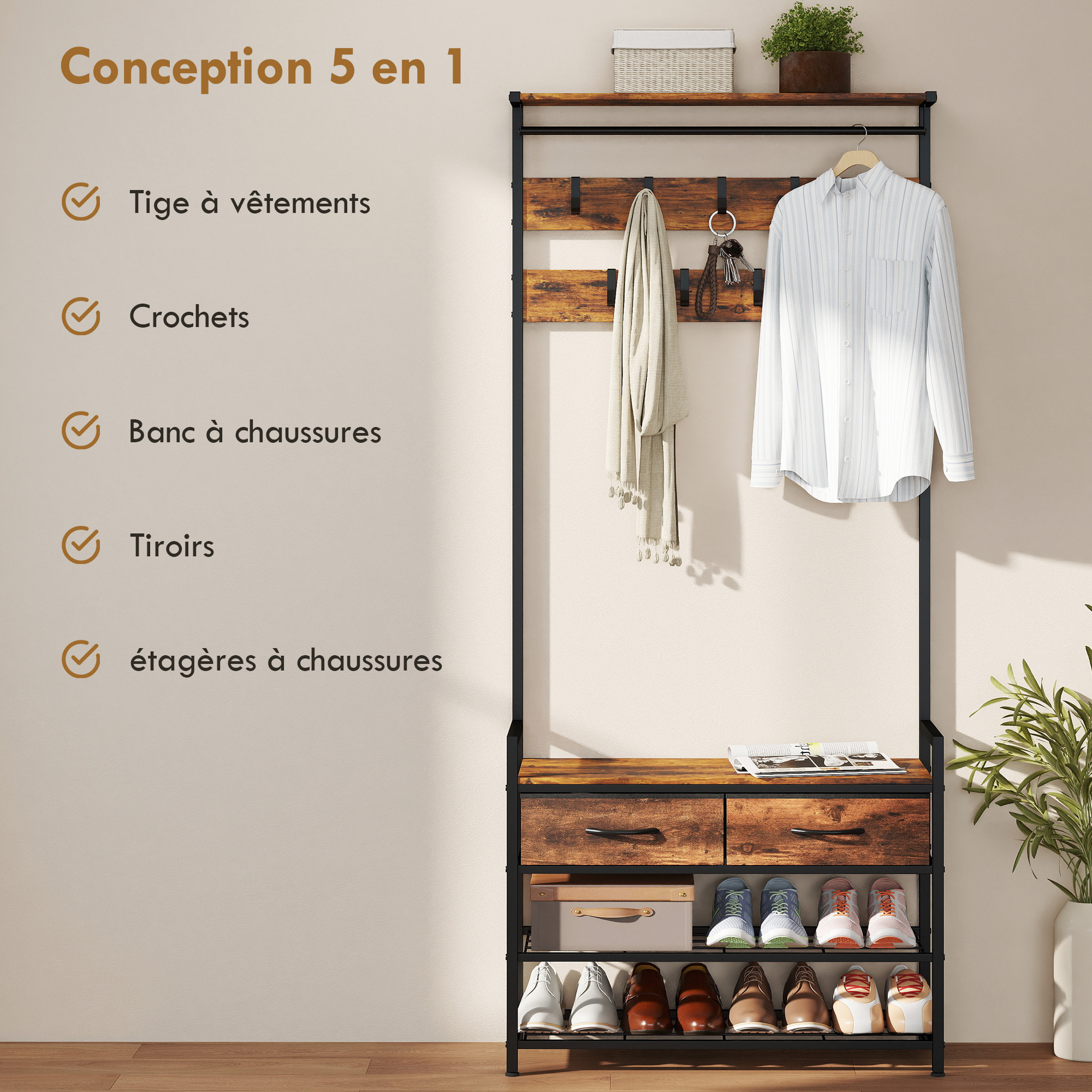 Vestiaire d'entrée style industriel bois métal 2 étagères 2 tiroirs 10 patères barre penderie banc