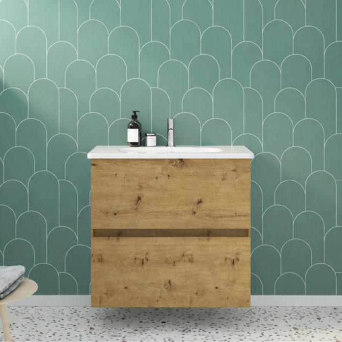 Meuble de salle de bain simple vasque 80 cm BURGBAD Joline chêne