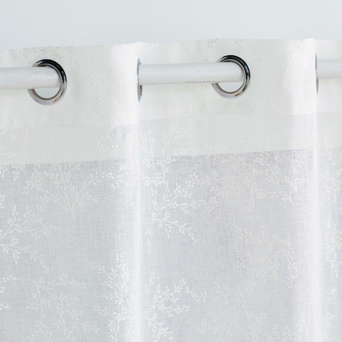 Paire de voilages passe-tringle en voile tissé motif feuillage - Blanc