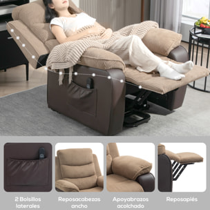Sillón Relax Reclinable Eléctrico Levanta Personas, Sillón Elevador, con Puerto USB, Control Remoto, Reposapiés, Tapizado en Pana, Bolsillos Laterales, Marrón