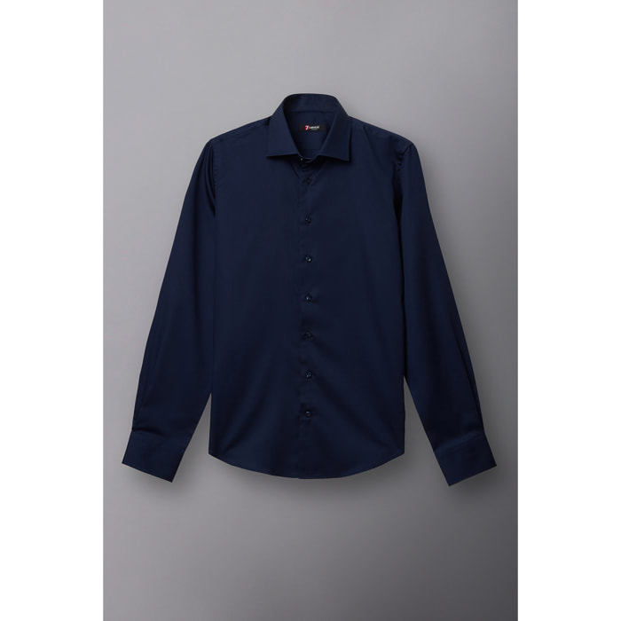Camicia Uomo 1 Bottone Francese Slim Satin Unito Blu