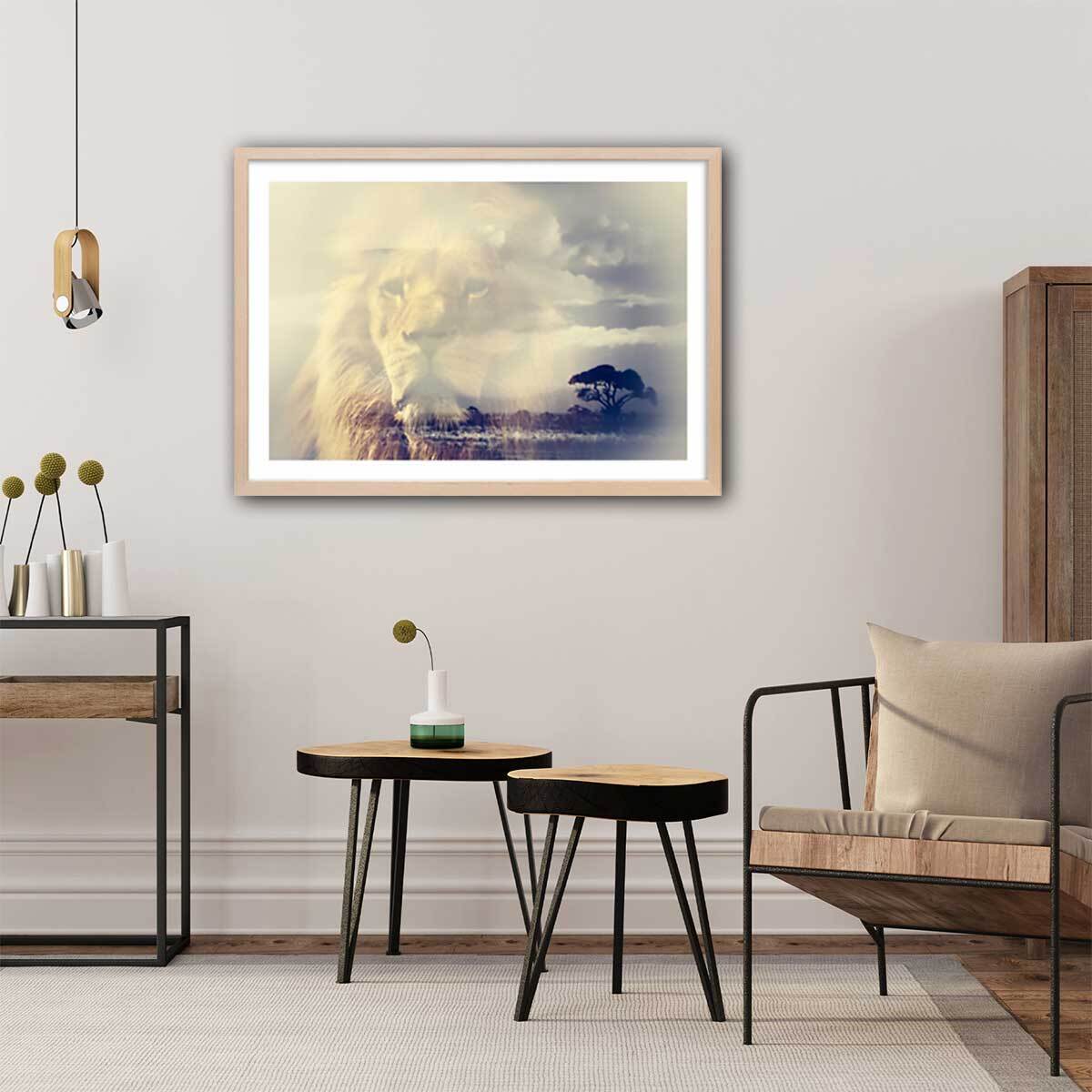 Affiche animaux lion and mount kilimanjaro Affiche + cadre en bois - Chêne