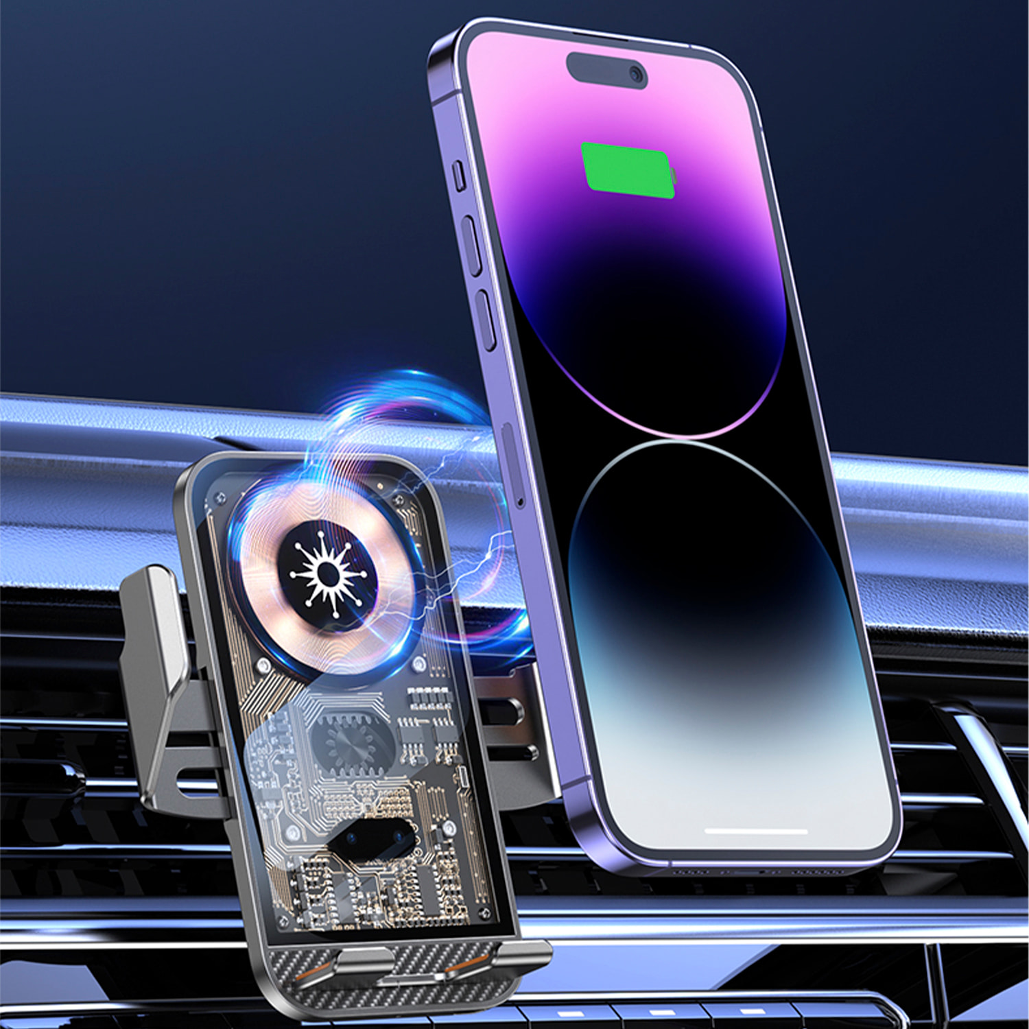 Caricabatteria da auto Qi 15W C10 con rotazione di 360°. Per l'aspirazione dell'aria. Apertura automatica.