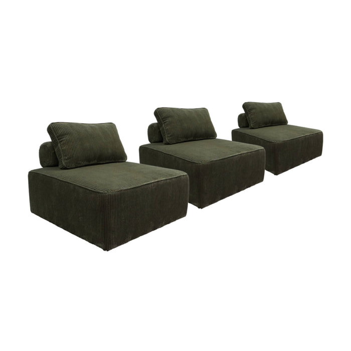 Lot de 3 chauffeuses pour canapé modulables velours côtelé vert foncé avec un coussin