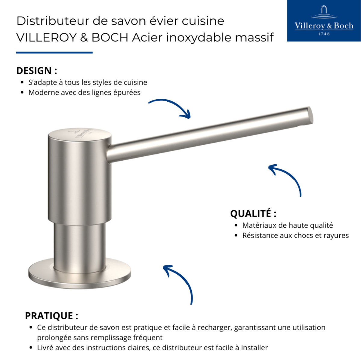 Distributeur de savon évier cuisine VILLEROY & BOCH Acier inoxydable massif