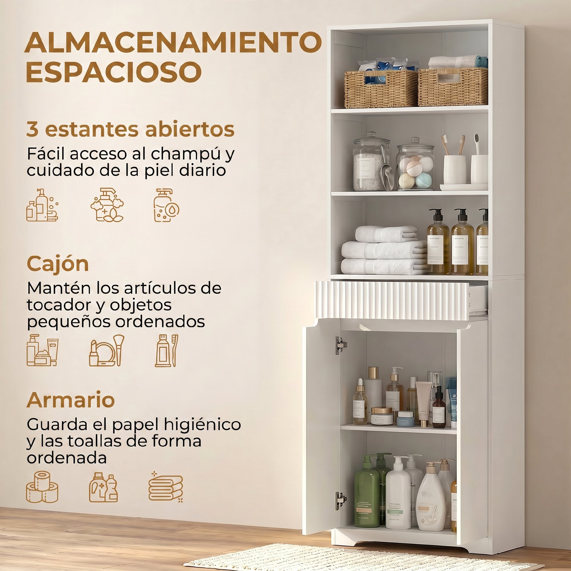 Armario Alto de Baño, Mueble de Baño Estrecho con 3 Estantes Abiertos, Cajón Acanalado, Estante Ajustable y Puertas de Cierre Suave, para Espacios Pequeños, 60x30x171 cm, Blanco