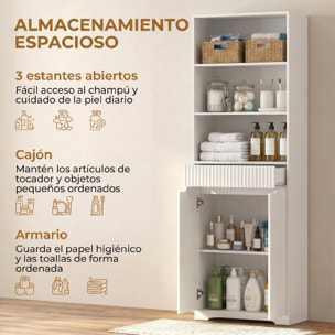 Armario Alto de Baño, Mueble de Baño Estrecho con 3 Estantes Abiertos, Cajón Acanalado, Estante Ajustable y Puertas de Cierre Suave, para Espacios Pequeños, 60x30x171 cm, Blanco
