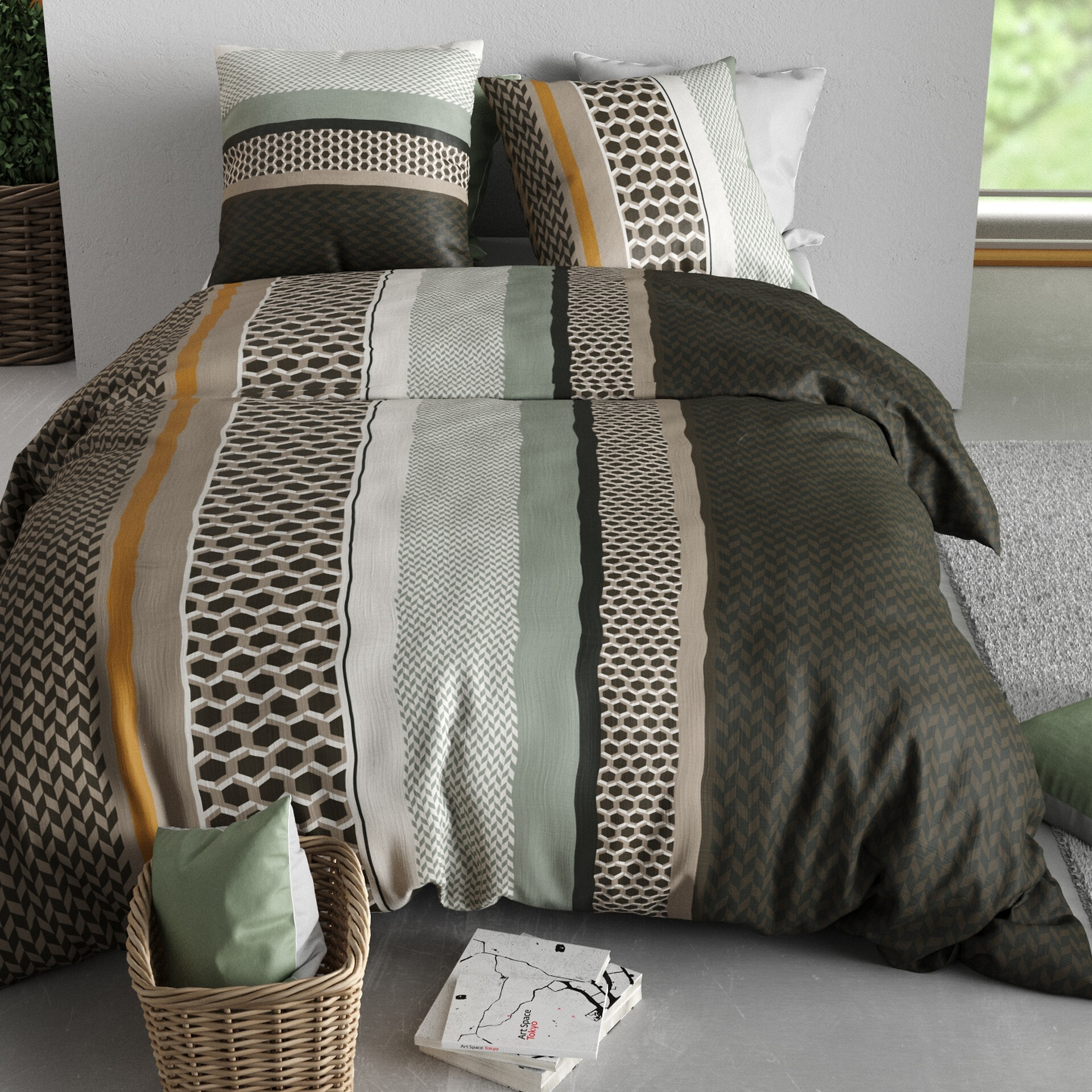 Parure housse de couette imprimée 240x260cm + 2 Taies 100% coton 57fils URBANIK