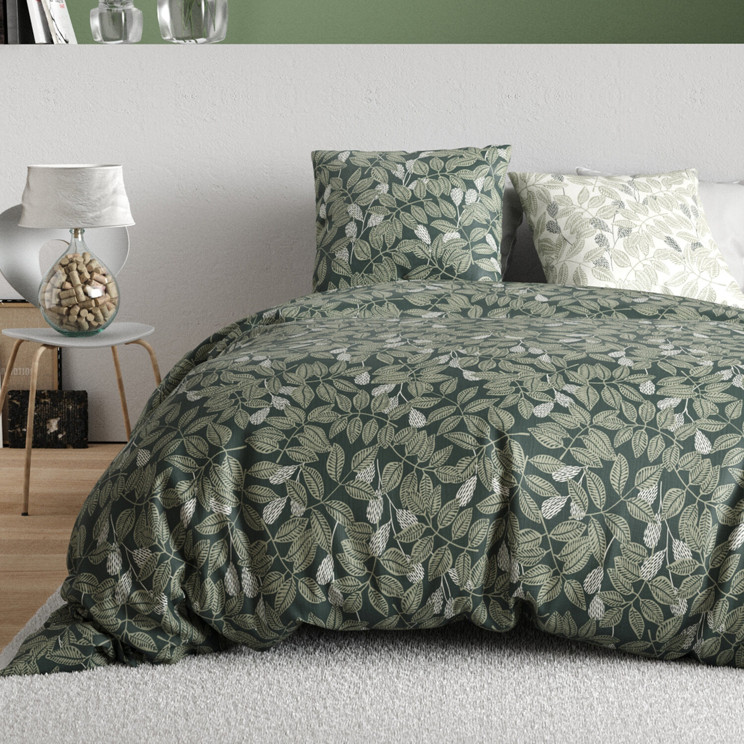 Parure housse de couette 100% percale de coton motif feuilles - EMERIDE