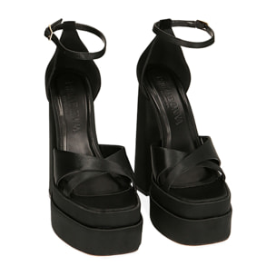 Sandali platform neri in raso, tacco 14 cm