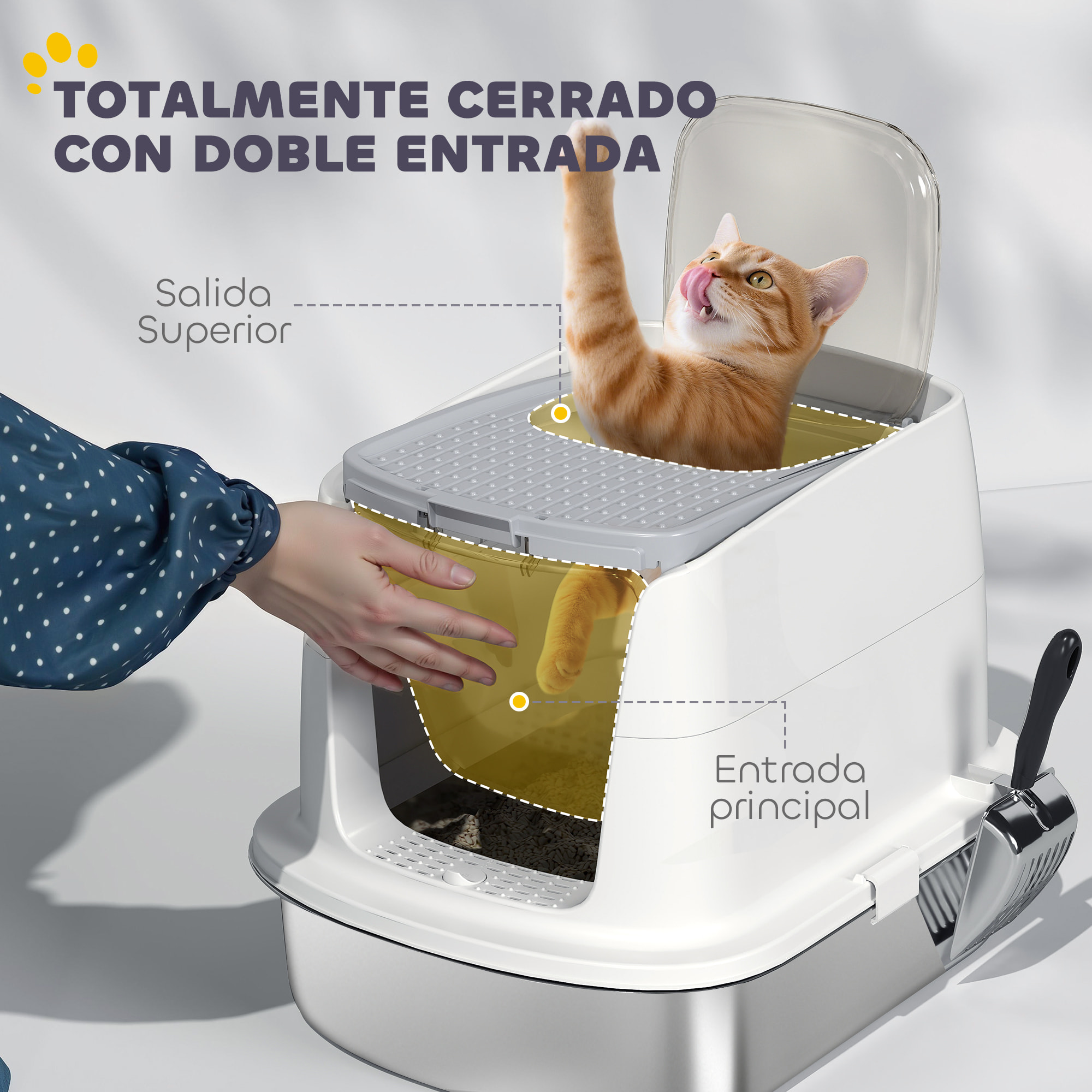 Arenero para Gatos de Acero Inoxidable L, Caja de Arena para Gatos con Tapa Abatible, Pala Metálica, Bolsa Desodorizante, Fácil de Limpiar, Antifugas, Blanco