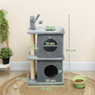 Arbre à chat à 3 niveaux hauteur 80 cm, tour pour chat avec 2 niches et surface de repos confortable, balle amovible, poteau en sisal et peluche douce, pour animal 5 kg, gris foncé