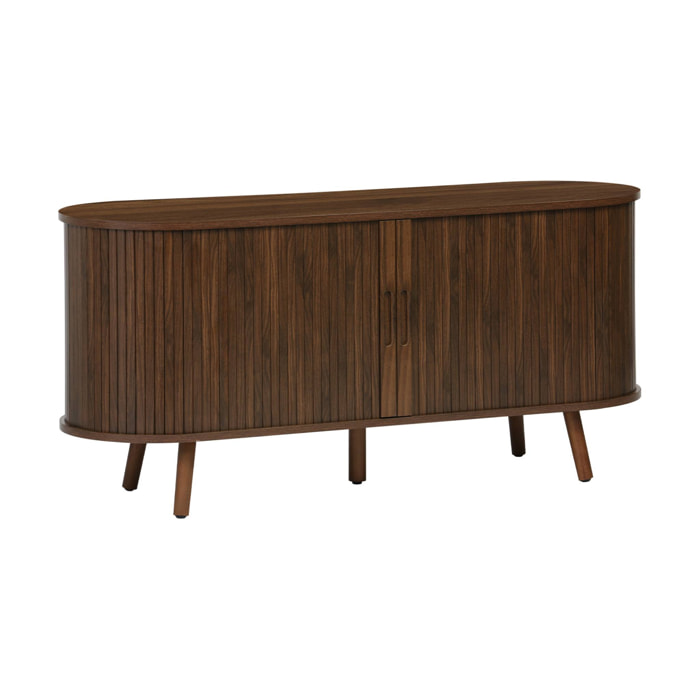 Meuble TV scandinave 2 portes coulissantes. 4 compartiments. effet bois rainuré noyer. L120 x 40 x 57 cm