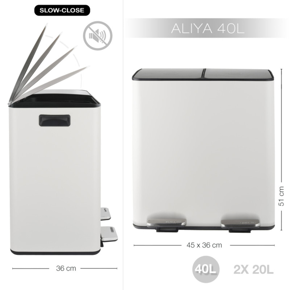 Poubelle tri sélectif ALIYA 40L (2x20L) Acier Blanc mat Spirella